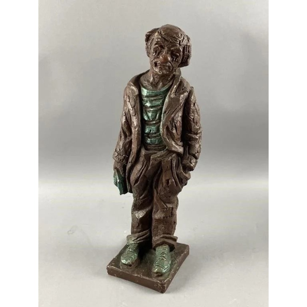 Vintage Hand Painted Old Man Hobo Figurine Statue Brown Green Rustic Folk Art